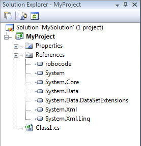 Screenshot that shows the Solution Explorer with all references including 'robocode'