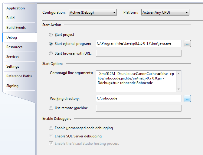 Screenshot that shows the Properties in Visual Studio in the Debug tab, where all parameters for starting up Robocode have been specified