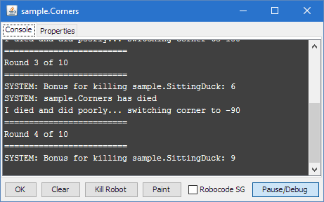Shows the Robot Console window for the sample robot named Corner