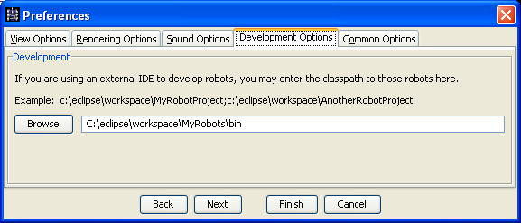 Shows the Development Options pane in the Preferences dialog, which let's the user type or browse to the /robots folder from a project from another IDE