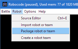 Shows how to start packaging a robot by selecting "Package robot for upload" from the Robot menu