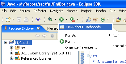 Shows the popup menu that occurs when the user selects the "run" button in Eclipse, where MyRobots launch configuration must be selected in order to run it