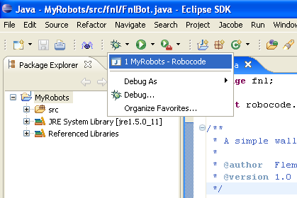 Shows how to start debugging of the MyRobots project in Eclipse