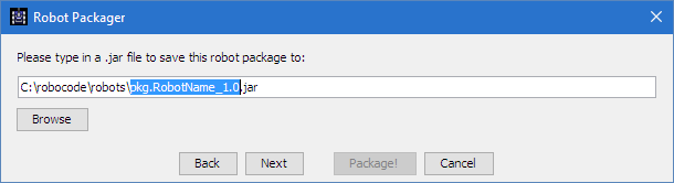 Shows a dialog that lets the user choose a filename for the robot package
