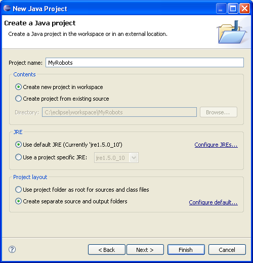 Shows a dialog for creating a new Java project where the user must type in a name for the new project