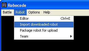 Showing how to select "Import downloaded Robot" from the Robot menu