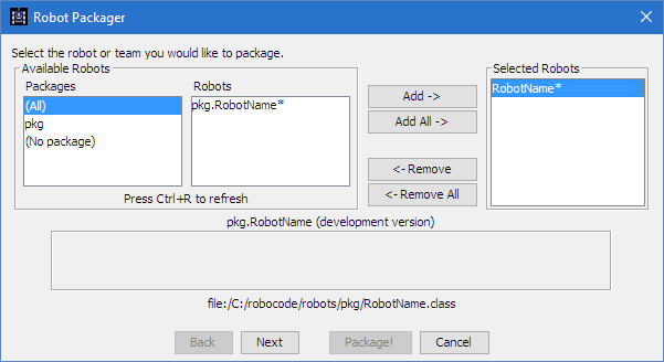 Shows a dialog that lets the user select which robot or team to package