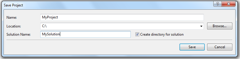 Screenshot that shows the Save Project dialog, with MyRobot, C:\, and MySolution