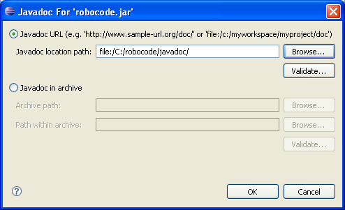 Shows a dialog where the user must specify the URL of the Javadoc location path of Robocode