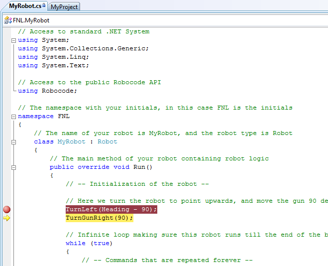 Screenshot that shows the next line that will be executed by the debugger