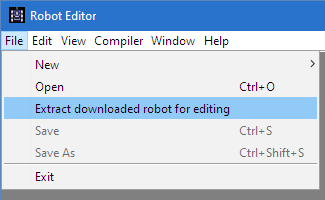 Shows how to extract a robot by selecting "Extract downloaded robot for editing" in the File menu of the Robot Editor