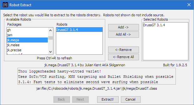 Shows the dialog used when extracting a robot, where the user must choose which robots to extract