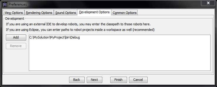 Screenshot of the Development Options in Robocode, where the C:\MySolution\MyProject\bin\Debug path has been added