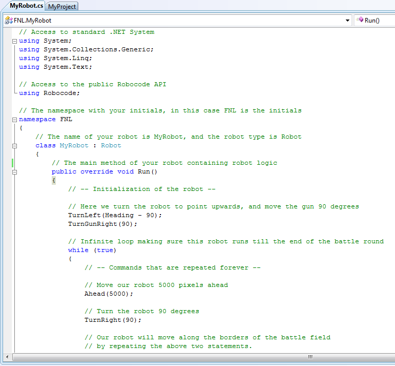 Screenshot that shows the MyRobot.cs source file in the editor