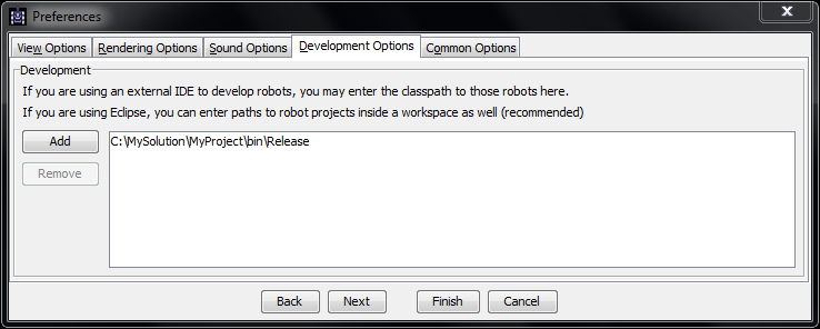 Screenshot from Development Options in Robocode, where the C:\MySolution\MyProject\bin\Release path has been added