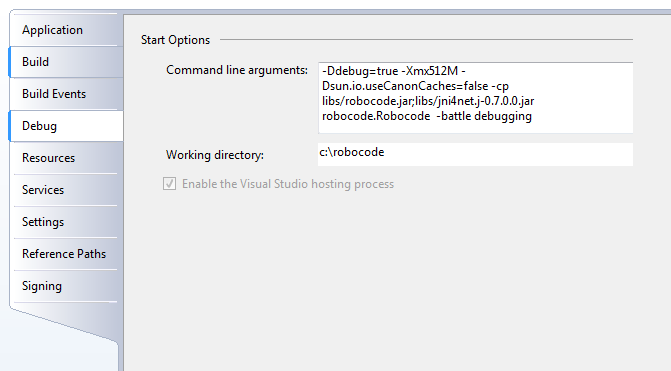Screenshot that shows the Properties in Visual Studio Express in the Debug tab, where it is possible to change the 'Command line arguments' and 'Working directory' for starting up Robocode