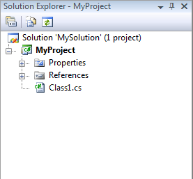 Screenshot that shows the Solution Explorer with the new solution containing MyProject