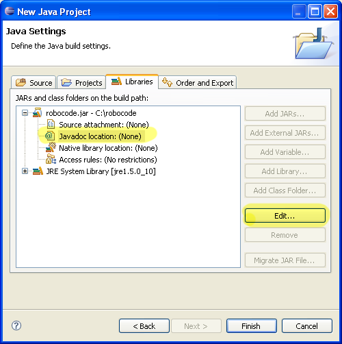 Shows that the "Javadoc location: (None)" line under "robocode.jar" must be selected and then the "Edit..." in the New Java Project dialog