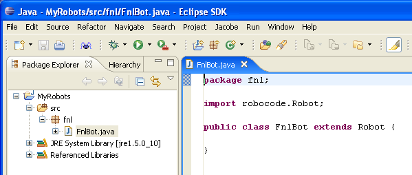 Shows editing the newly created FnlBot.java source file, which is empty and needs to be filled out with some code