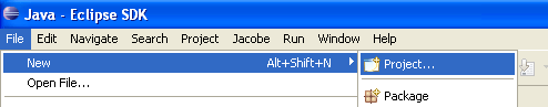 Shows how to select a new project from the File menu in Eclipse