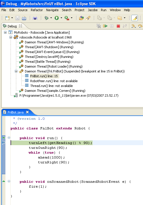 Shows the current stack trace in the Debug Perspective in Eclipse when the execution has stopped at the breakpoint that has been set