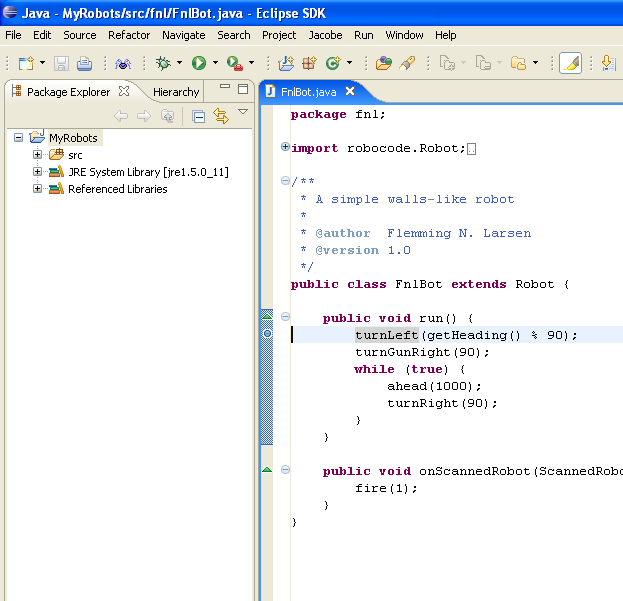 Shows a breakpoint that has been set in Eclipse as a blue bullet in the border of the source editor